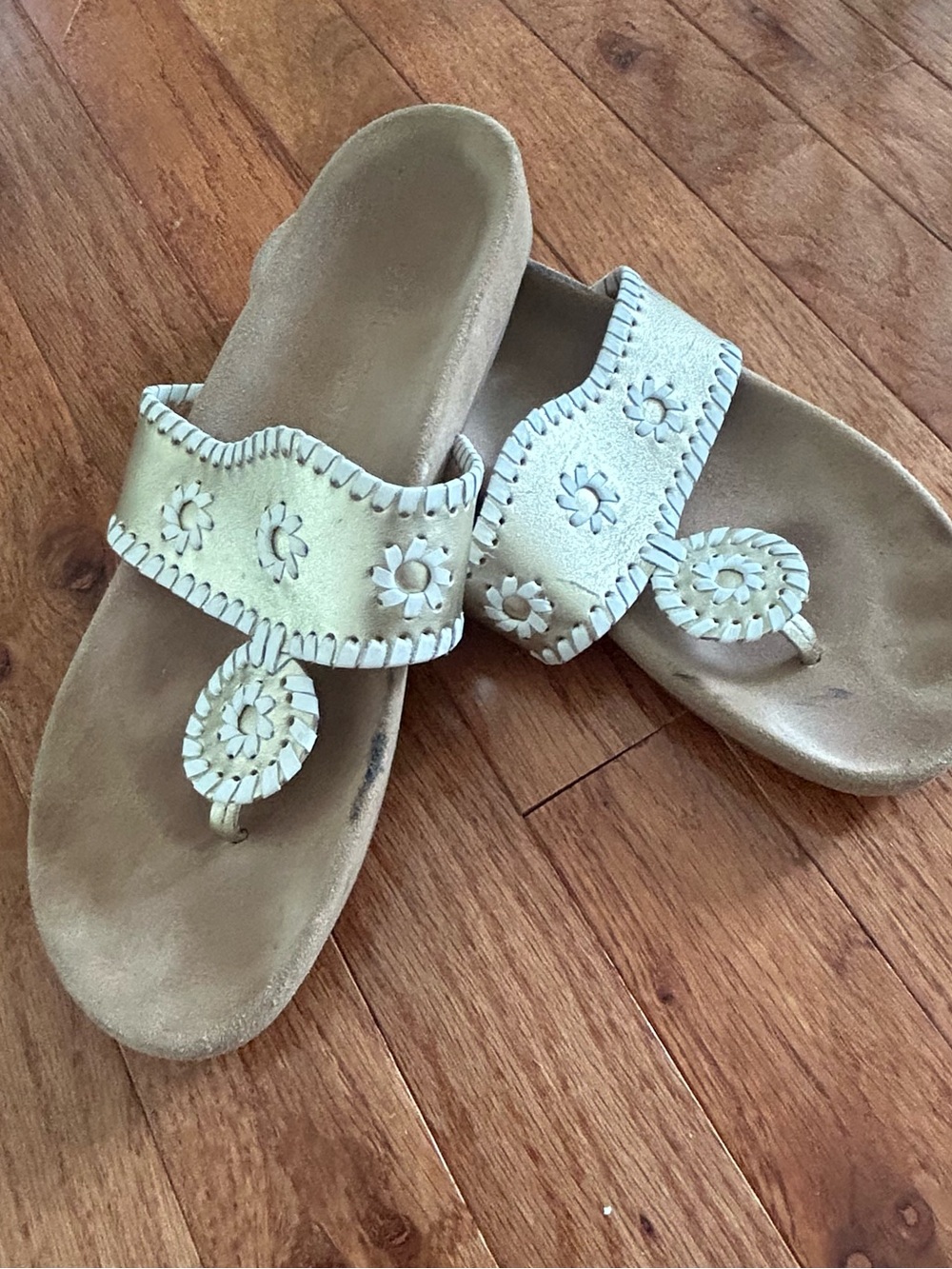 Jack Rogers Womans 8.5 Gold Stitching Comfort Flat Footbed  Sandals Leather